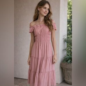 NWT New Glory Women’s Blush Pink Ruffle Maxi Dress SZ L 💗